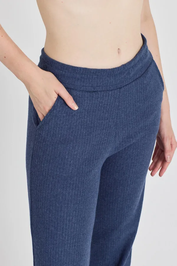 Pantalon de survêtement indigo côtelé à jambes larges et taille haute avec poches pour femme