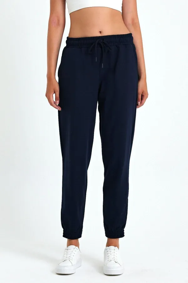 Kadın Siyah-Lacivert-Gri-Antrasit Pamuklu Kalın Paçası Lastikli Yüksek Bel Rahat Jogger 4'lü Eşofman Altı