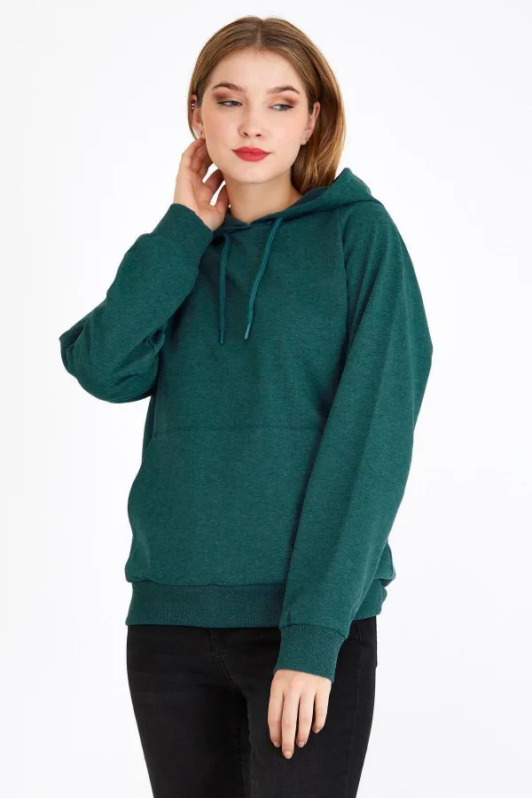 Women's Green Hooded Basic Knitted Sweatshirt