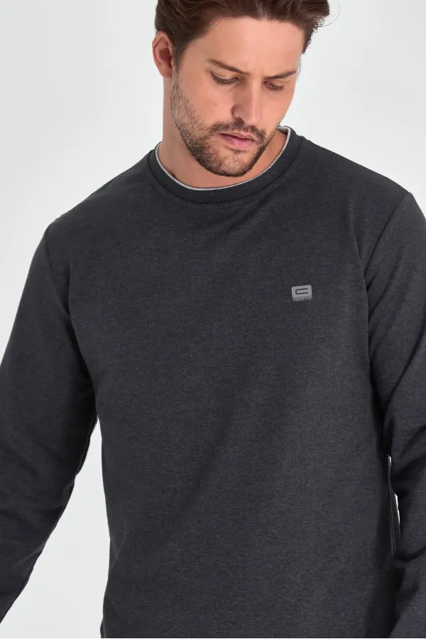 Sweat-shirt homme anthracite à col rond double et imprimé, coupe décontractée standard
