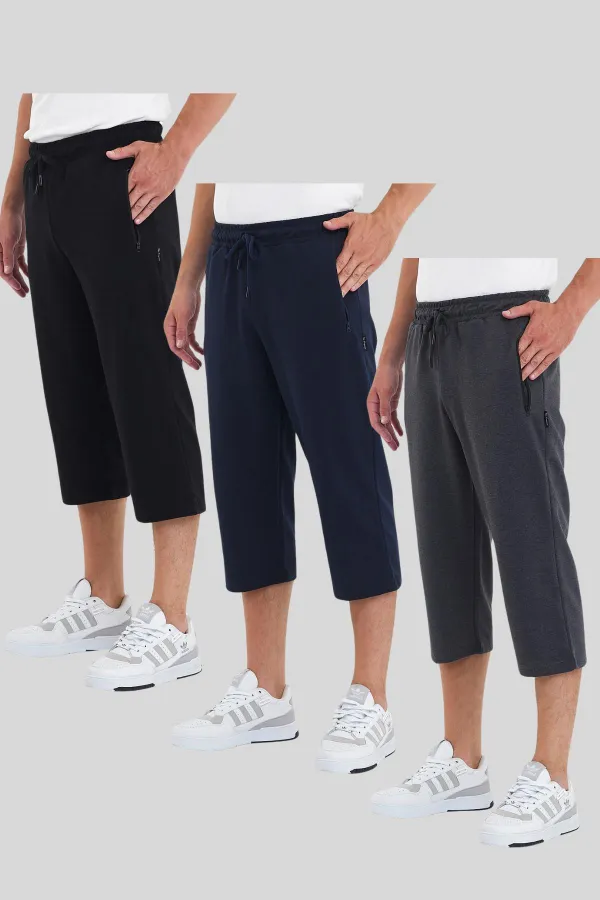 Erkek 3'Lü Cepleri Fermuarlı Bermuda Diz Altı Kapri Beli Ayarlanabilir Şort