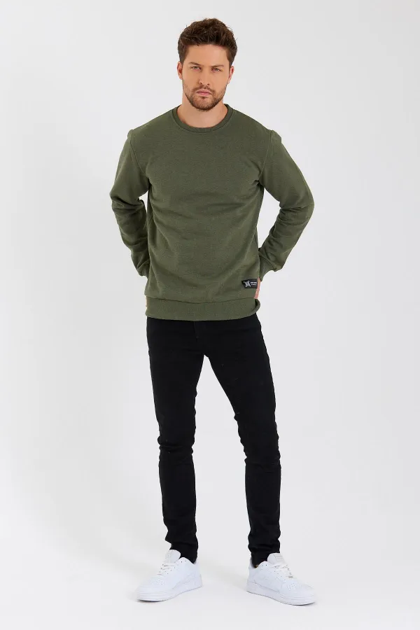 Bisiklet Yaka Etiket Detayı İçi Pamuklu Erkek Sweatshirt