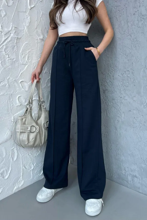 Women's Seasonal Casual Wide Leg High Waist Navy Blue Sweatpants