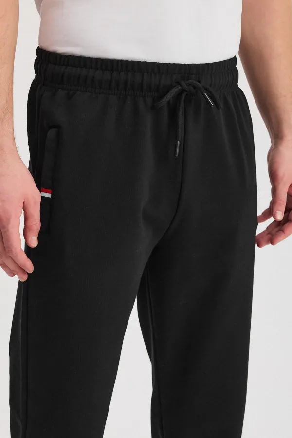 Black Men's Zip-Up Pocket Sweatpants with Embroidered Detail, Straight Leg, Relaxed Fit, Casual Style
