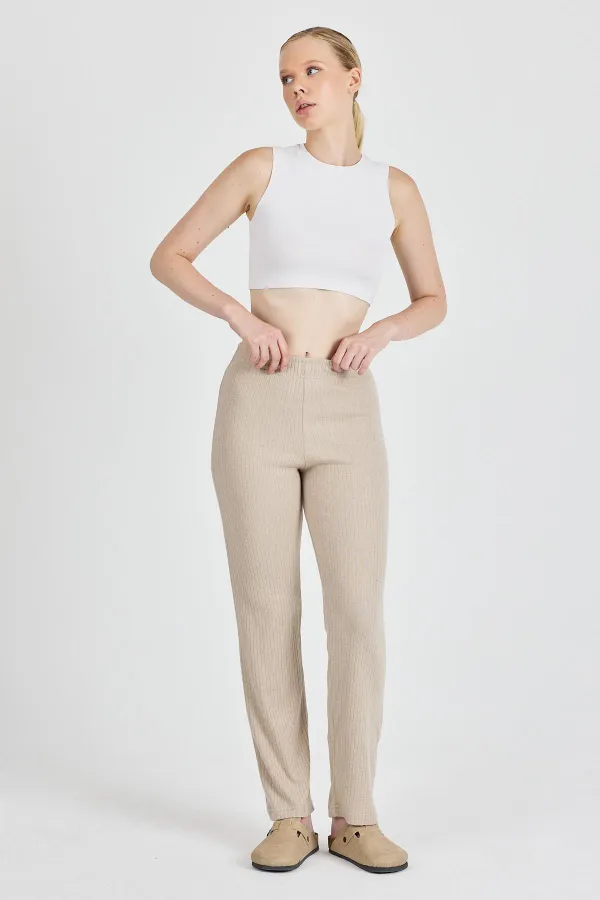 Vizon Fitilli Geniş Paça Pamuklu İnce Yüksek Bel Kadın Eşofman Altı