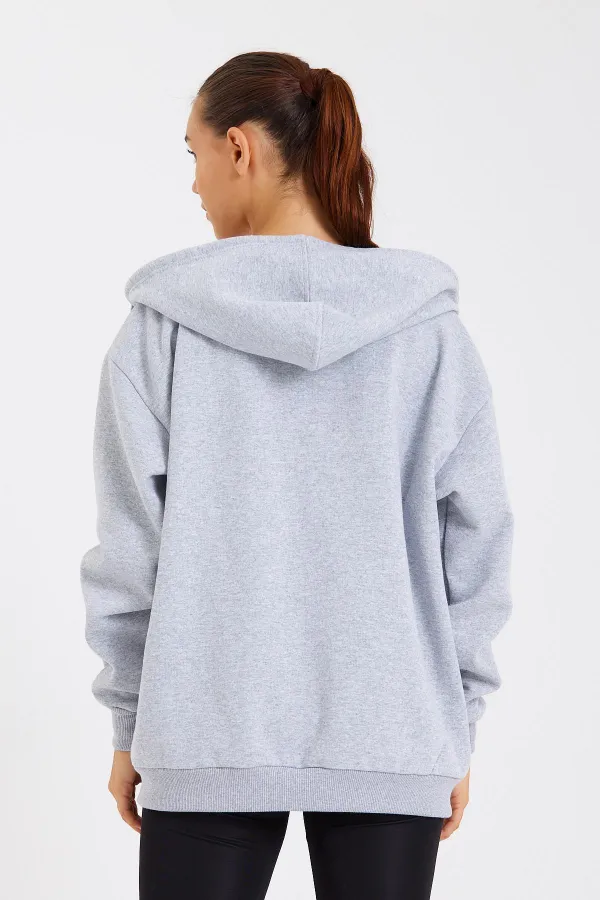 Kadın Kanguru Cepli Kapüşonlu Fermuarlı İçi Polarlı Hırka