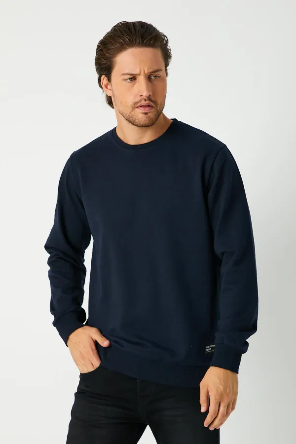 Erkek Lacivert Basic Bisiklet Yaka Sweatshirt 