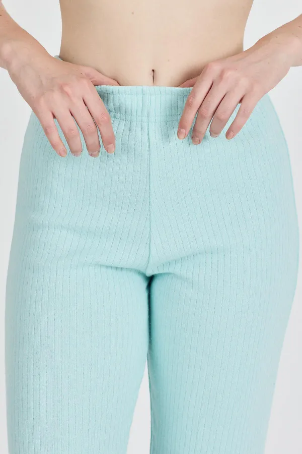 Aqua Green Ribbed Wide Leg Cotton Slim High Waist Women's Sweatpants