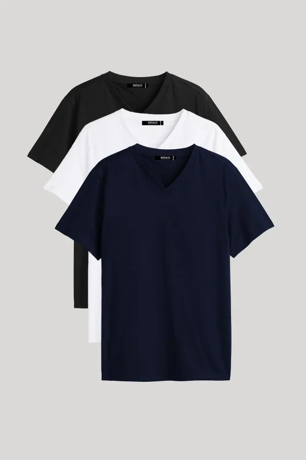 Erkek Çok Renkli T- Shirt Regular Fit Rahat Kesim V Yaka 3'lü Basic Tişört Paketi