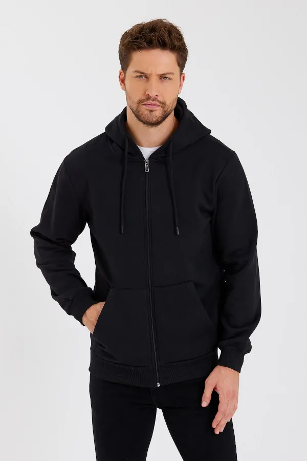 Gilet à capuche zippé noir métallisé pour homme avec poche kangourou et doublure en coton