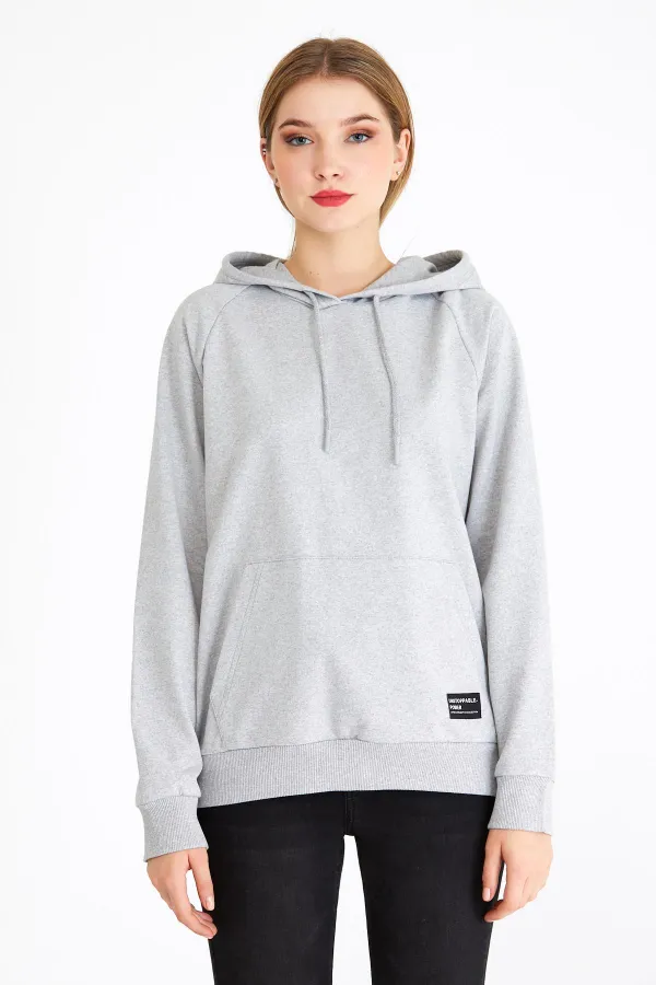 Women's Gray Color Hooded Basic Knitted Sweatshirt