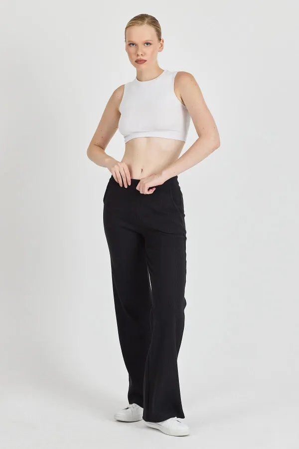 Siyah Fitilli Geniş Paça Kaşkorse Yüksek Bel Cepli Kadın Eşofman Altı