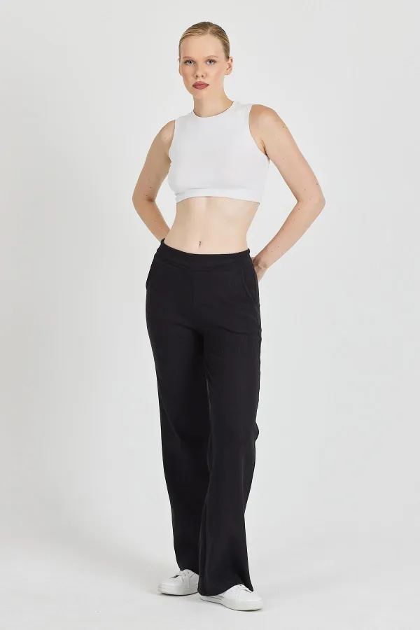 Siyah Fitilli Geniş Paça Kaşkorse Yüksek Bel Cepli Kadın Eşofman Altı