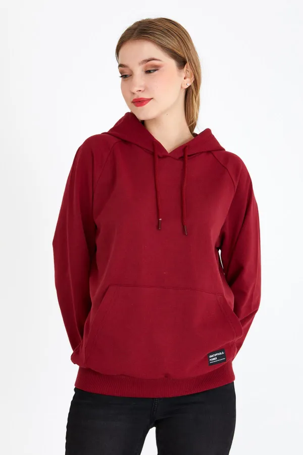 Metalic Kadın Bordo Kapüşonlu Basic Örme Sweatshirt