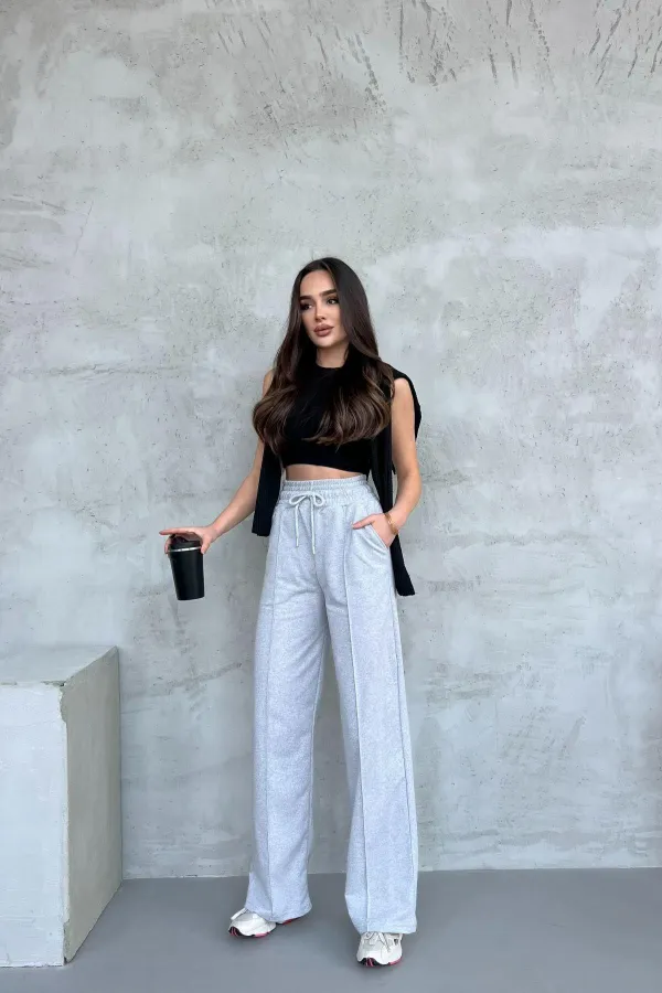 Lot de 4 pantalons de survêtement décontractés de saison pour femmes, à jambes larges et taille haute, coloris noir, bleu marine, gris et anthracite