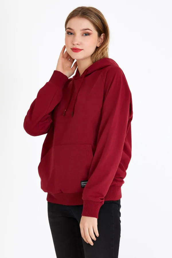 Metalic Kadın Bordo Kapüşonlu Basic Örme Sweatshirt