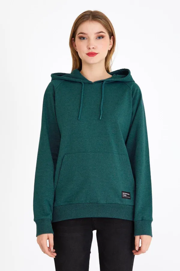 Women's Green Hooded Basic Knitted Sweatshirt