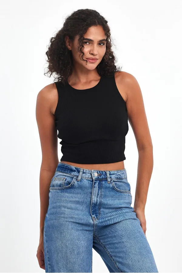 Kadın Siyah Fitilli Görünümlü Askılı Kalın Basic Atlet Bluz