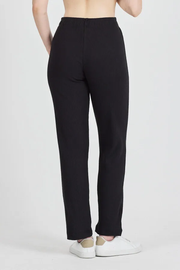 Siyah Fitilli Geniş Paça Pamuklu İnce Yüksek Bel Kadın Eşofman Altı