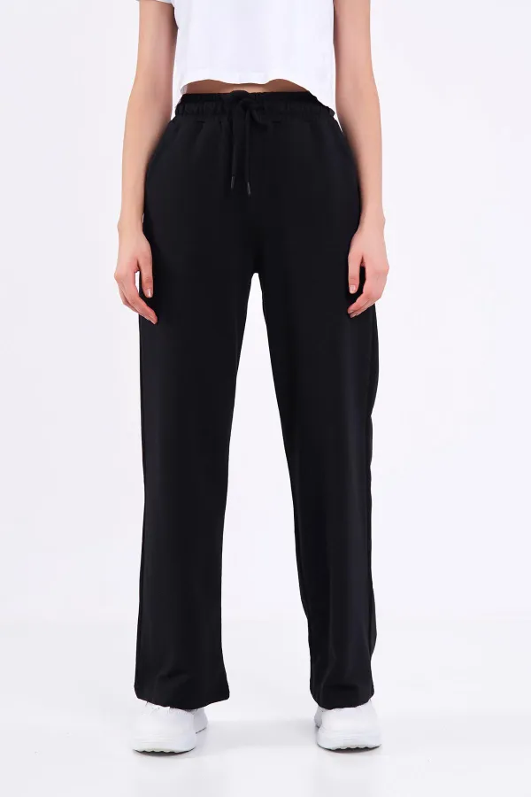 Kadın Mevsimlik Salaş Geniş Rahat Paça Yan Cepli Siyah Eşofman Altı