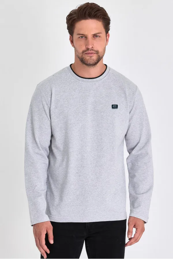 Men's Grey Double Crew Neck Sweatshirt with Print Detail, Standard Relaxed Fit