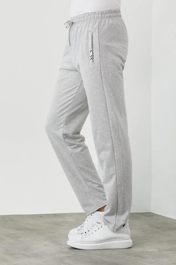 Erkek Gri Fermuar Cep Nakış Detaylı Düz Paça Rahat Kesim Eşofman Altı