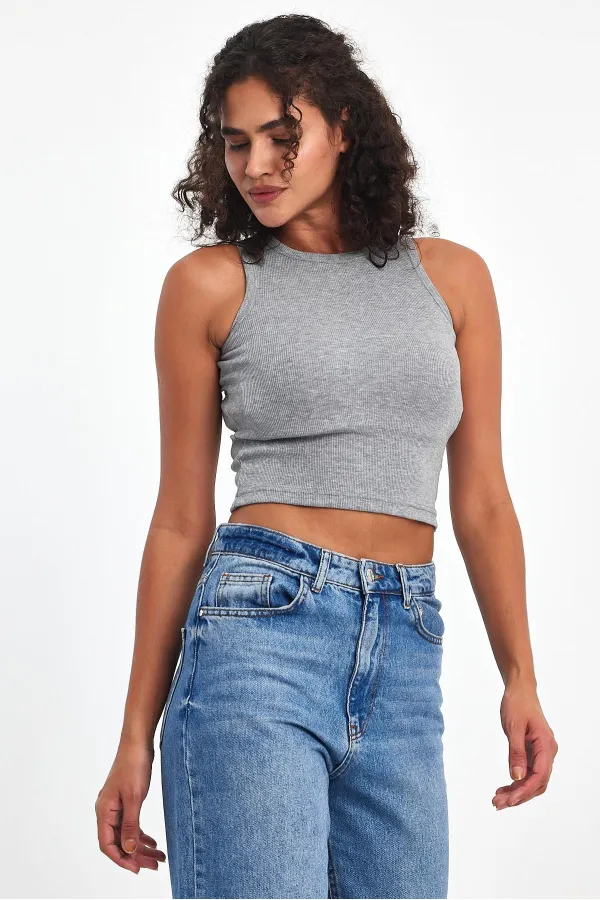 Kadın Gri Fitilli Görünümlü Askılı Kalın Esnek Örme Basic Crop Atlet