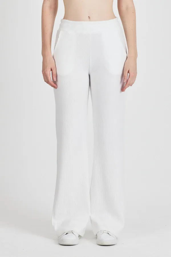Off-white ribbed wide-leg corset high-waisted women's sweatpants with pockets