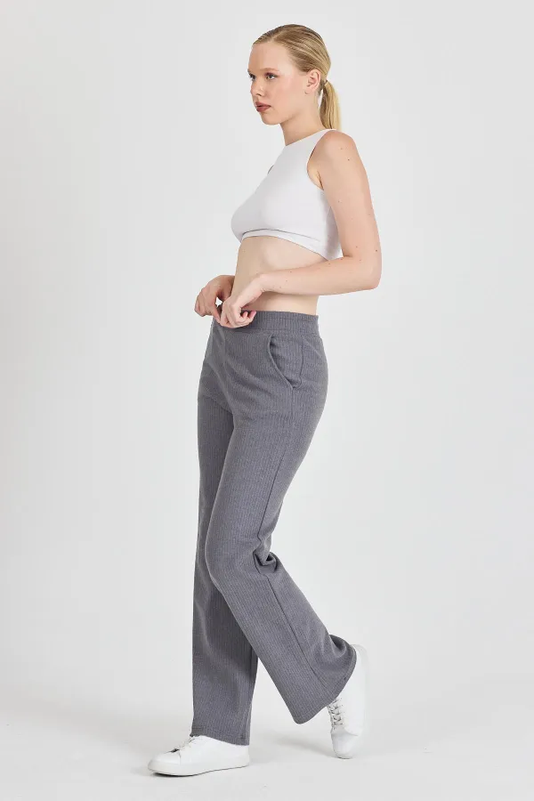 Füme Fitilli Geniş Paça Kaşkorse Yüksek Bel Cepli Kadın Eşofman Altı