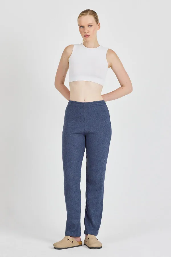 Pantalon de survêtement femme en coton côtelé indigo, jambes larges, coupe slim, taille haute