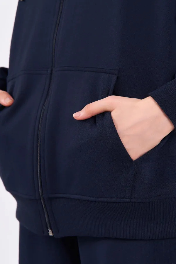 Lacivert Kanguru Cepli Kapüşonlu Fermuarlı Oversize Kadın Sweatshirt