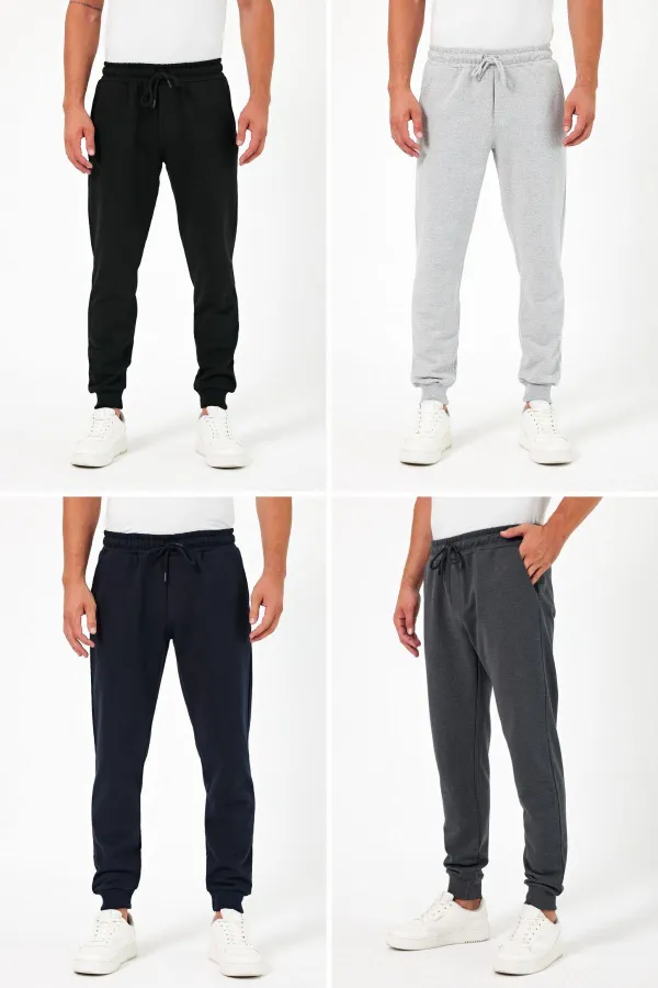 Thick Black-Navy-Gray-Anthracite Men's 4-Pack Jogger Sweatpants with Back Pockets, Elasticated Cuffs, Regular Fit, Non-Framed