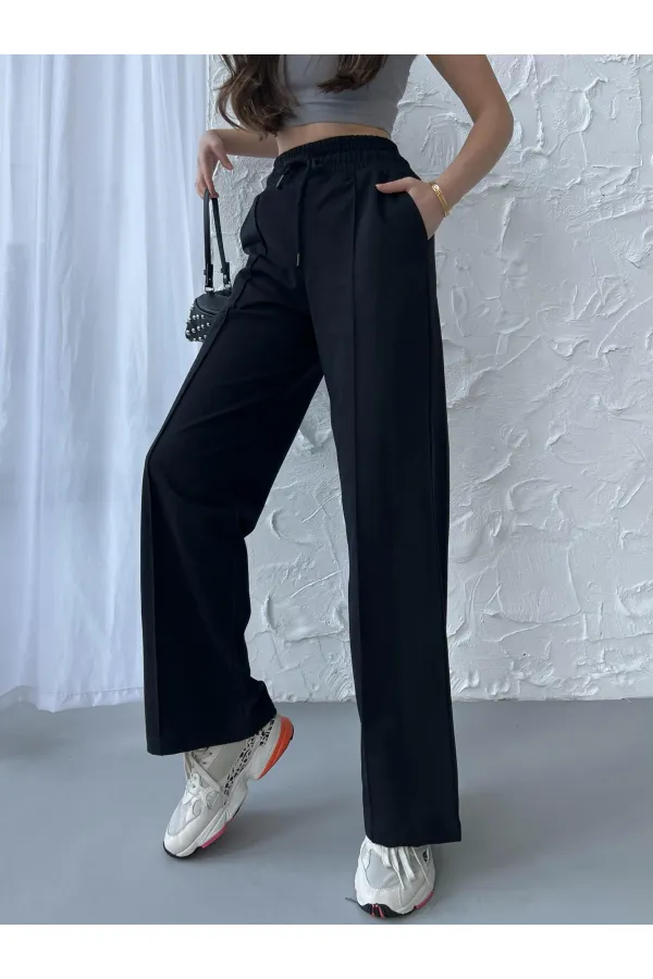 Siyah-Antrasit Kadın Mevsimlik Salaş Geniş Paça Yüksek Bel 2'li Eşofman Altı