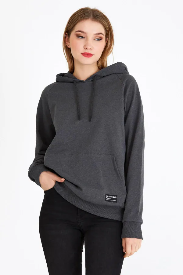 Women's Anthracite Hooded Basic Knitted Sweatshirt