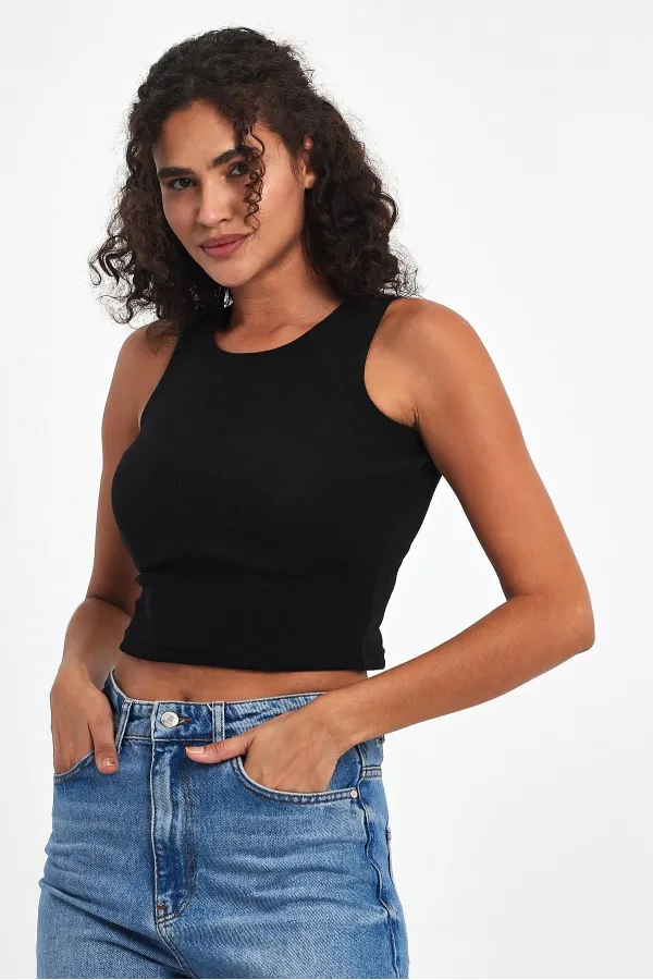 Kadın Siyah-Beyaz Fitilli Görünümlü Askılı Kalın Esnek Örme 2'li Basic Crop Atlet