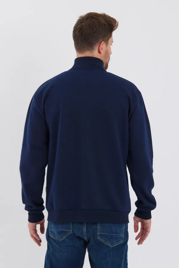 İçi Pamuklu Fermuarlı Dik Yaka Yan Cepli Erkek Lacivert Hırka