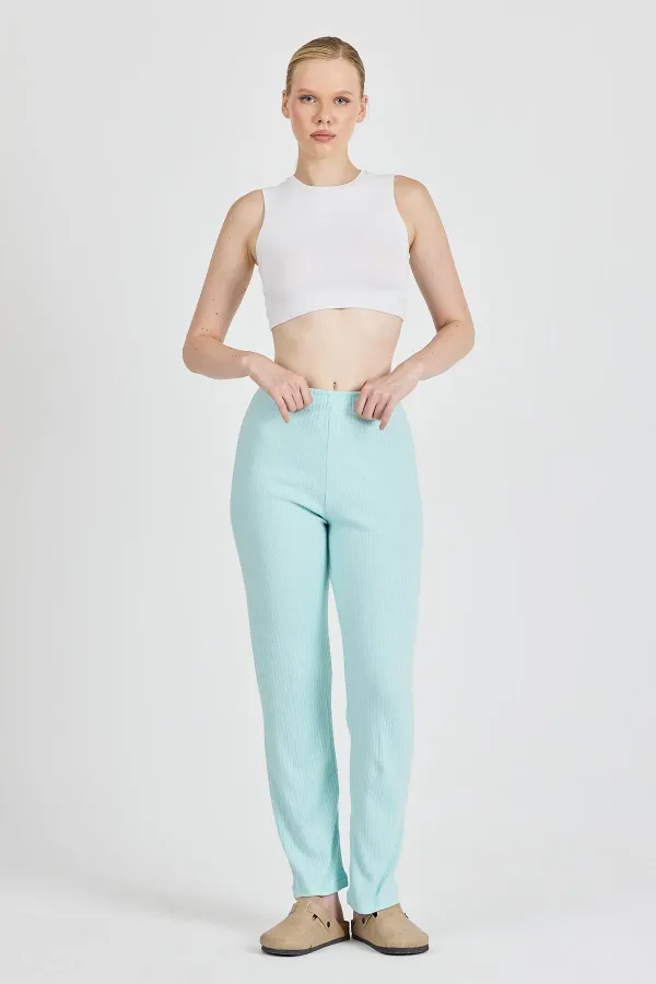 Aqua Green Ribbed Wide Leg Cotton Slim High Waist Women's Sweatpants