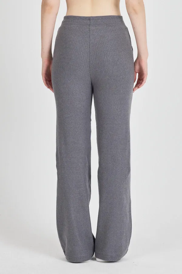 Füme Fitilli Geniş Paça Kaşkorse Yüksek Bel Cepli Kadın Eşofman Altı