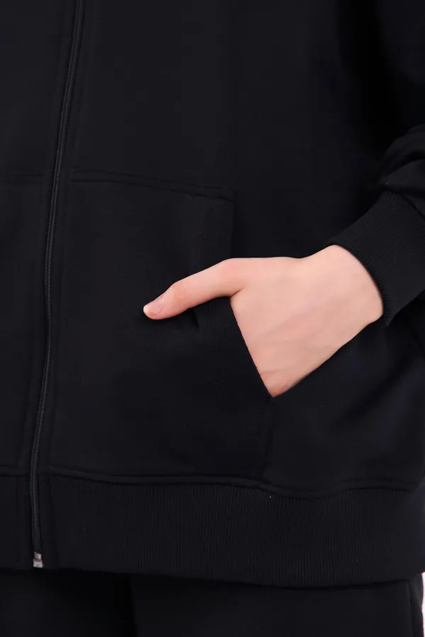 Black Kangaroo Pocket Hooded Zippered Oversize Women's Sweatshirt MTLCB73