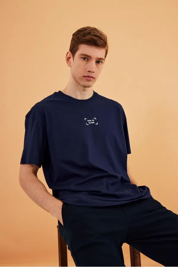 T-shirt oversize homme Leo 100 % coton, col rond, imprimé, modèle basique MTLCE85