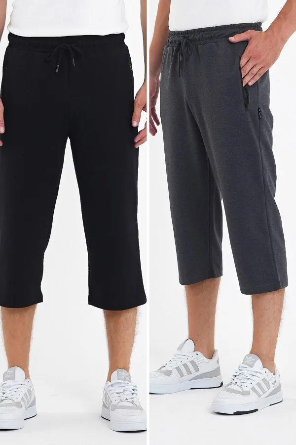 Lot de 2 bermudas homme noir et anthracite à poches zippées, longueur sous le genou, taille élastique ajustable MTLCE94
