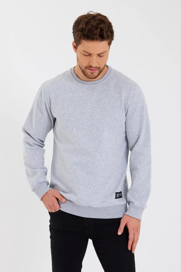 Crew Neck Sweatshirt with Label Detail and Cotton Lining for Men.