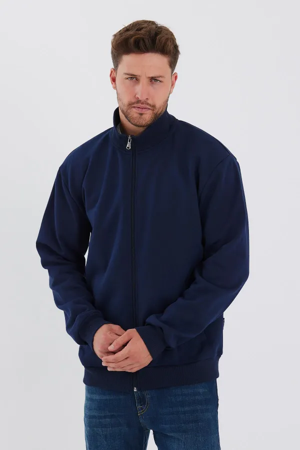 İçi Pamuklu Fermuarlı Dik Yaka Yan Cepli Erkek Lacivert Hırka