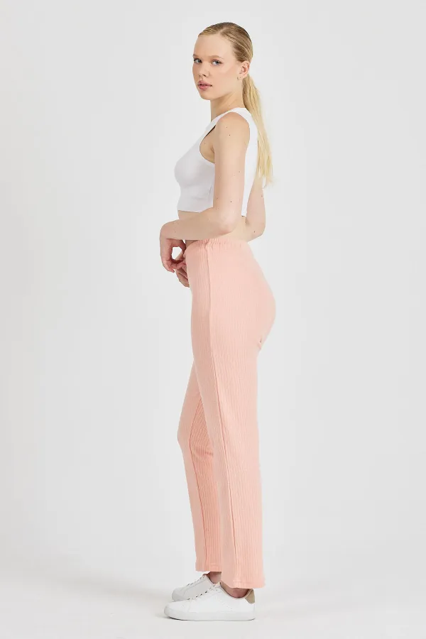 Pantalon de survêtement rose pâle côtelé, jambes larges, en coton fin, taille haute, pour femme