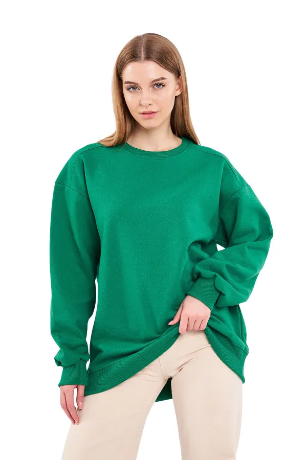 Sweat-shirt basique oversize en coton vert pour femme, col rond.