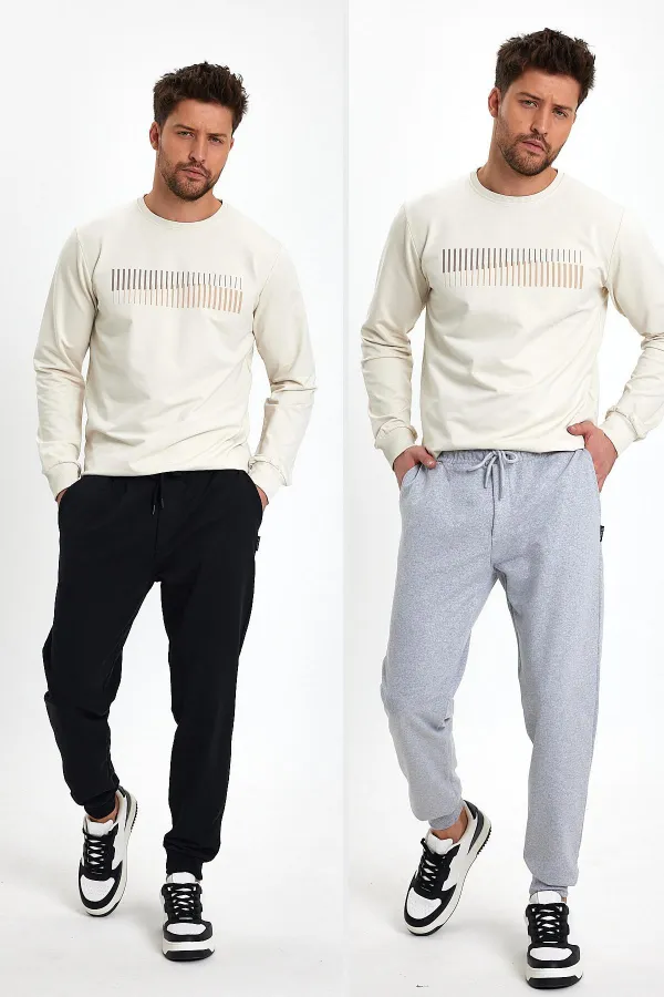 Erkek Siyah-Gri Arka Cep Etiket Detaylı Paça Lastikli Regular Fit 2'Li Eşofman Altı