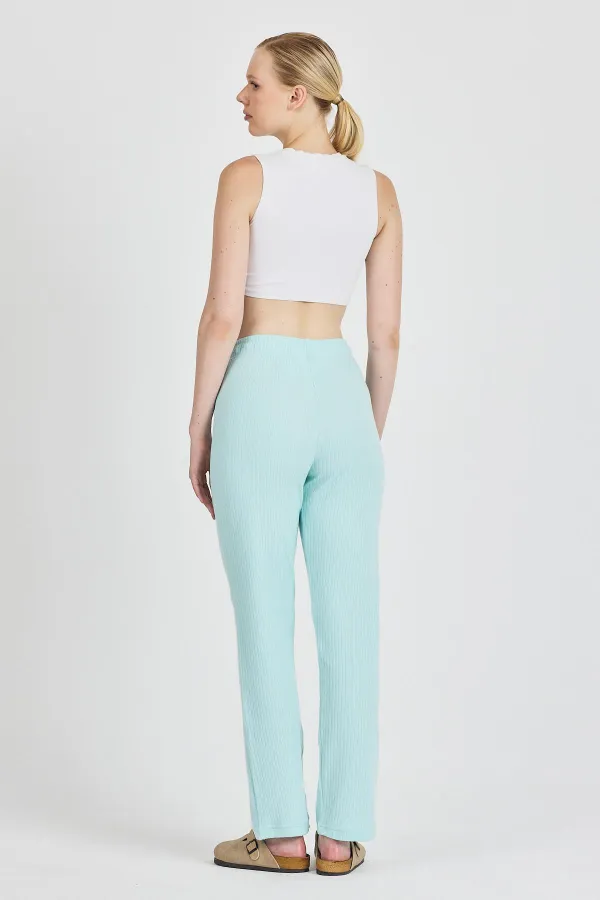 Aqua Green Ribbed Wide Leg Cotton Slim High Waist Women's Sweatpants