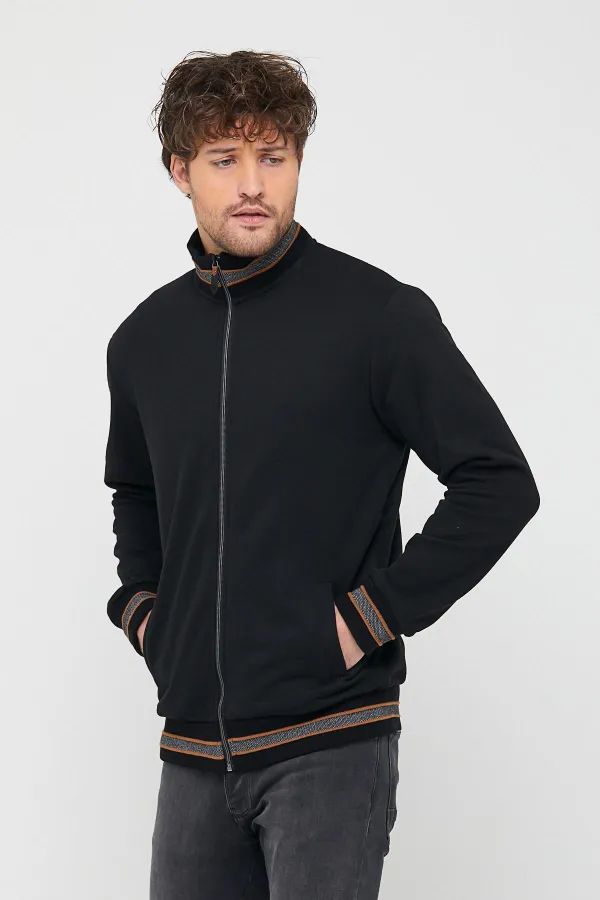 Erkek Siyah Regular Fit Dik Yaka Fermuarlı Uzun Kollu Hırka