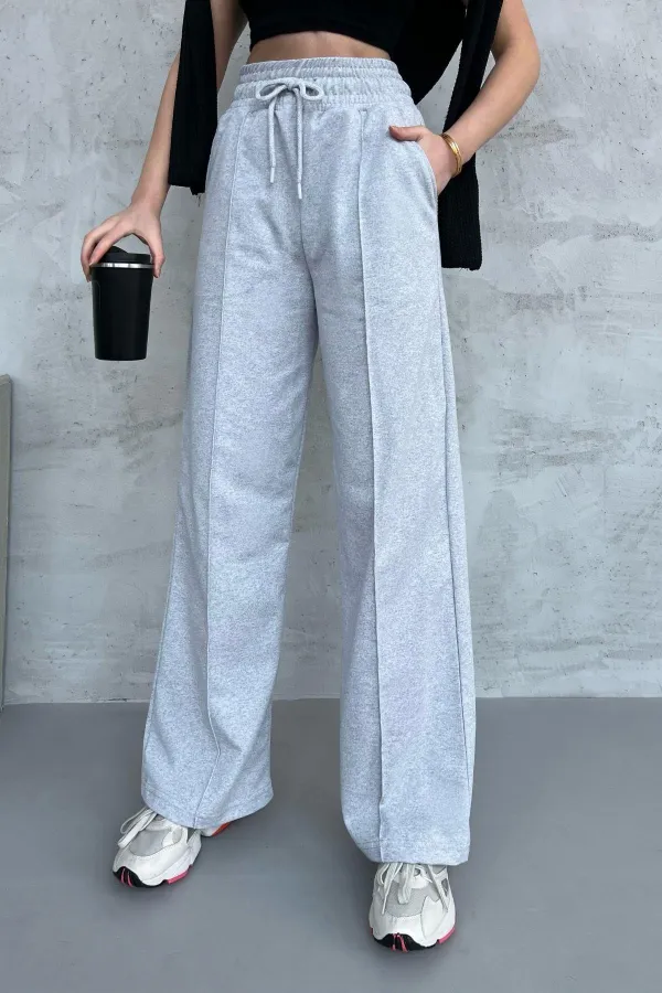 Kadın Mevsimlik Salaş Geniş Paça Yüksek Bel Gri Eşofman Altı