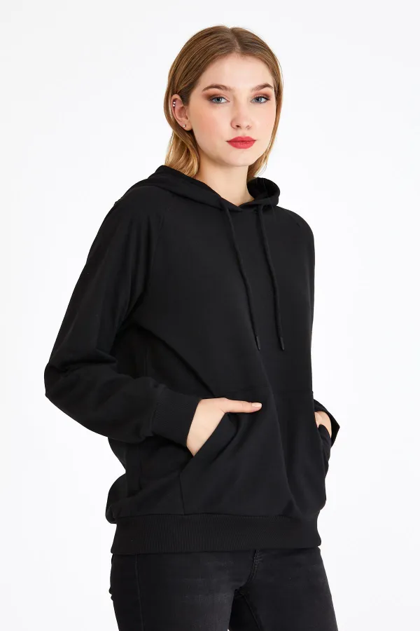 Women's Black Hooded Basic Knitted Sweatshirt